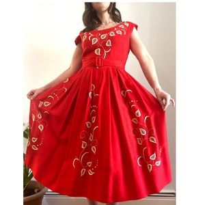 Medium-Large 1950s Red Linen Embroidered Dress by Jacqueline Hatiti